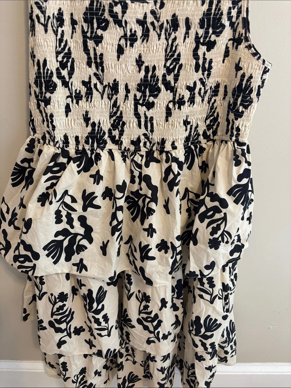 Skies Are Blue Womens 1X Cotton Black Cream Floral Smocked Tiered Midi Dress